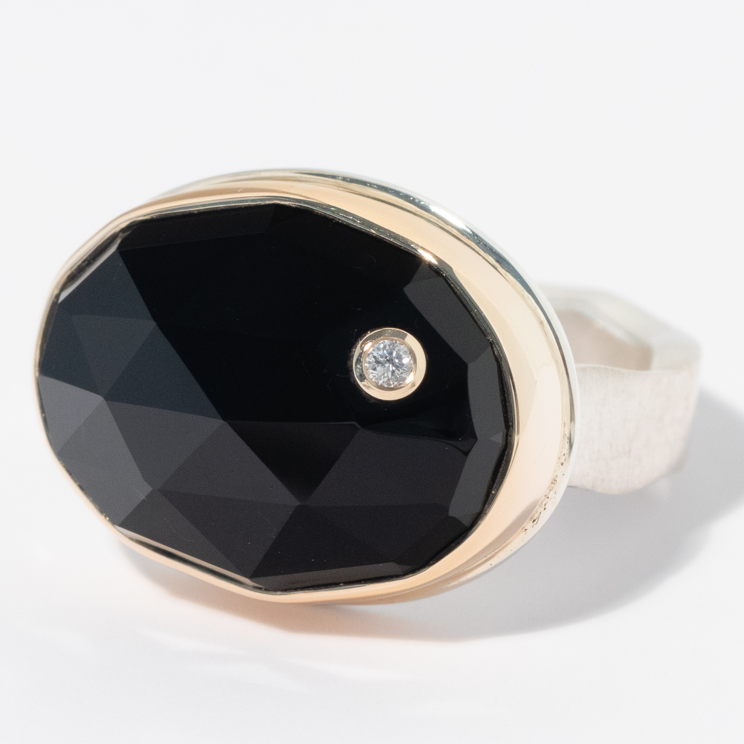 Jamie Joseph: Sterling & 14K Gold Ring w/ Oval Rose Cut BLACK ONYX & .03 ct Diamond on Live Edge Band, 9/16" x 3/4", sz 7 3/4