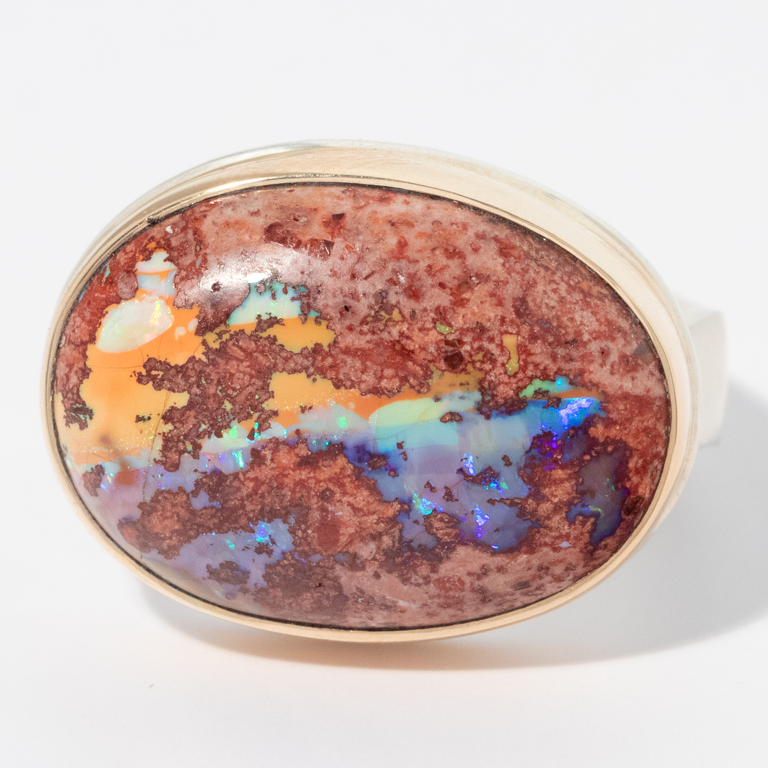 Jamie Joseph: Sterling & 14K Gold Ring w/ Oval MEXICAN FIRE OPAL on Live Edge Band, sz 8, 9/16" x 13/16"