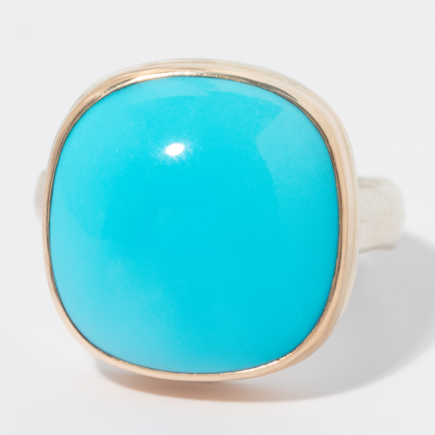 Jamie Joseph: Sterling & 14K Gold Ring w/ Square Smooth SLEEPING BEAUTY TURQUOISE on Middle Groovy Band, sz 7 1/2, 5/8" x 5/8"