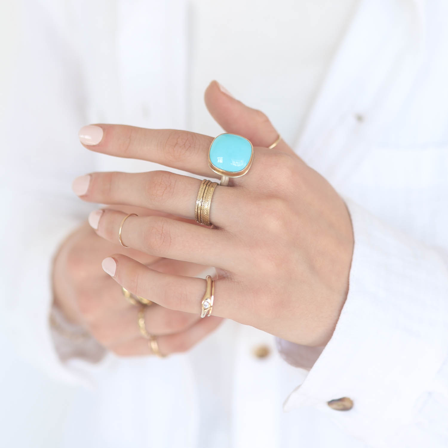 Jamie Joseph: Sterling & 14K Gold Ring w/ Square Smooth SLEEPING BEAUTY TURQUOISE on Middle Groovy Band, sz 7 1/2, 5/8" x 5/8"