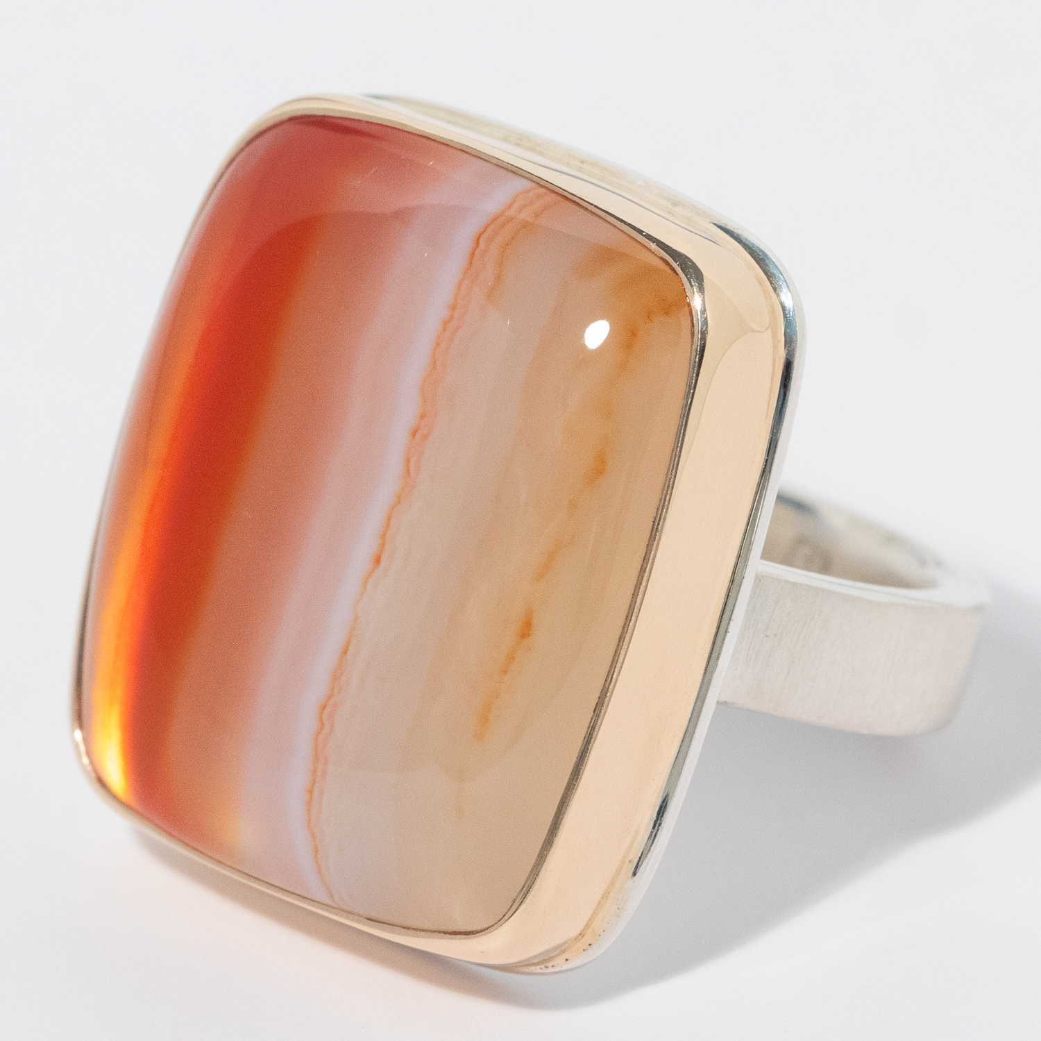 Jamie Joseph: Sterling & 14K Gold Ring w/ Vertical Rectangular CARNELIAN on Y Band, sz 7 3/4, 7/8" x 3/4"