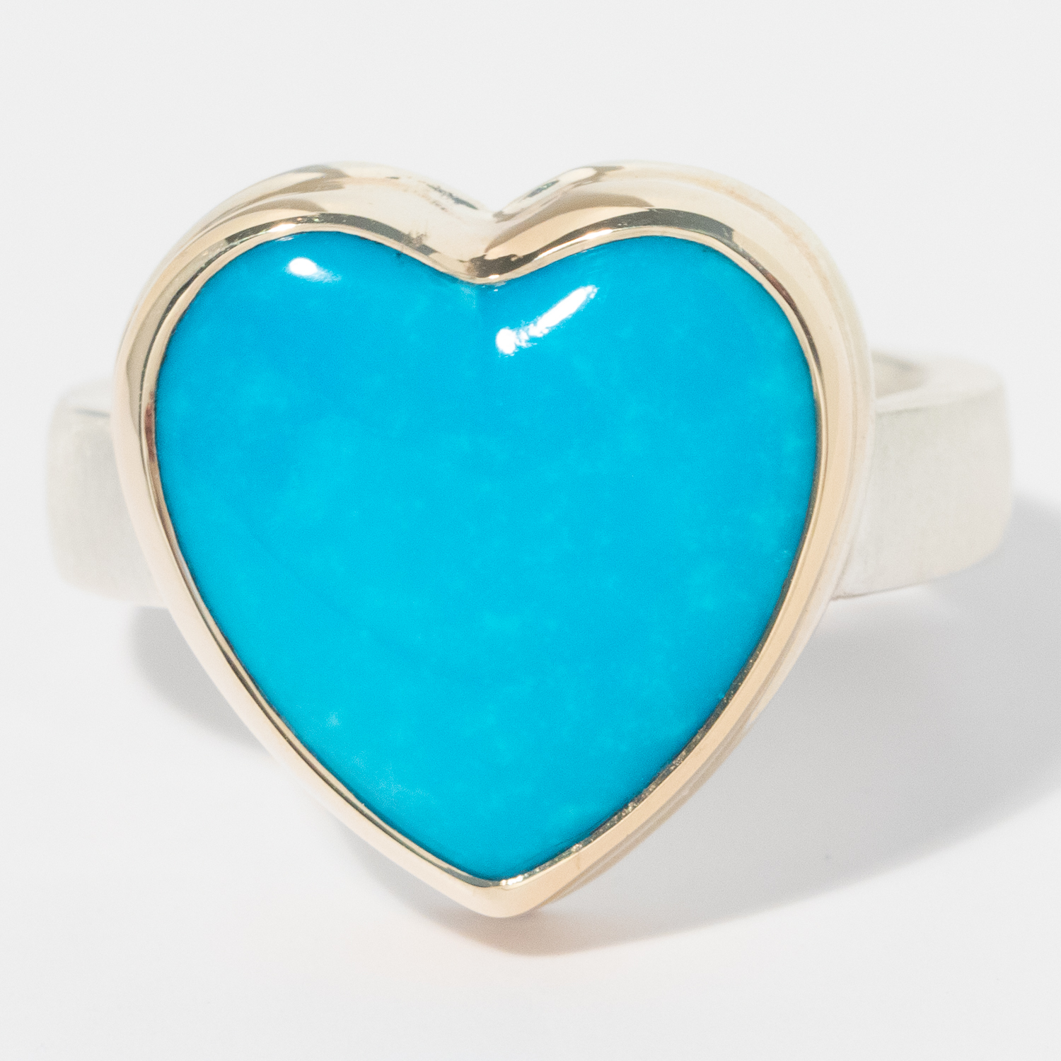 Jamie Joseph: Sterling & 14K Gold Ring w/ SLEEPING BEAUTY TURQUOISE Heart on Y Band, sz 7 1/2, 5/8" x 9/16"