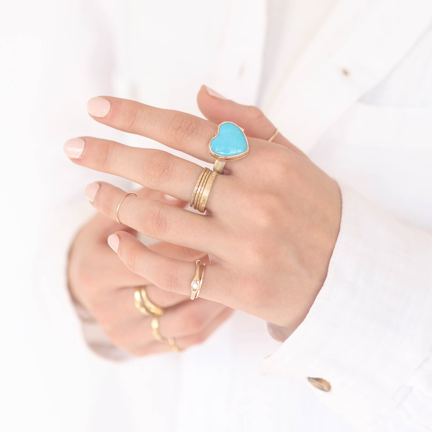 Jamie Joseph: Sterling & 14K Gold Ring w/ SLEEPING BEAUTY TURQUOISE Heart on Y Band, sz 7 1/2, 5/8" x 9/16"