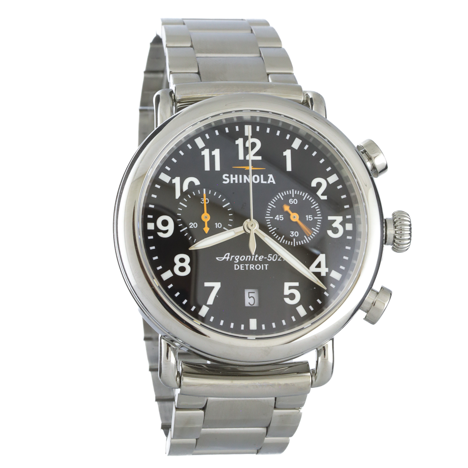 Shinola: Watch, Runwell 2 eye Chrono 41 mm, Silver Bracelet, Black