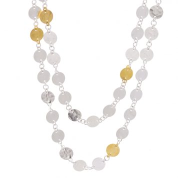 Gurhan: Silver Necklace, Lush all around long necklace in sterling silver layered with 24K gold, with 12 gold flakes, 55" with mini lobster clasp