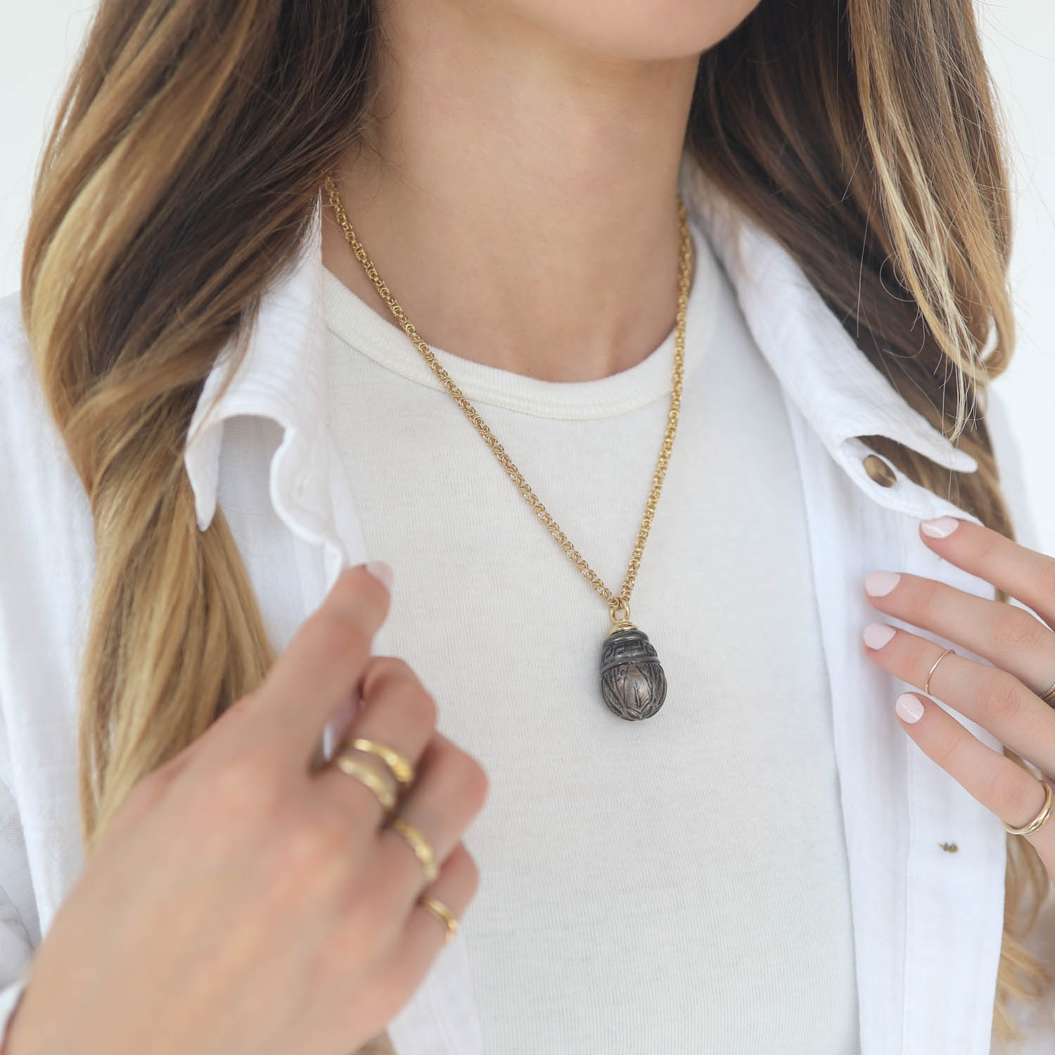 Alison Shiboski: Carved Tahitian Black pearl,18k Byzantine chain