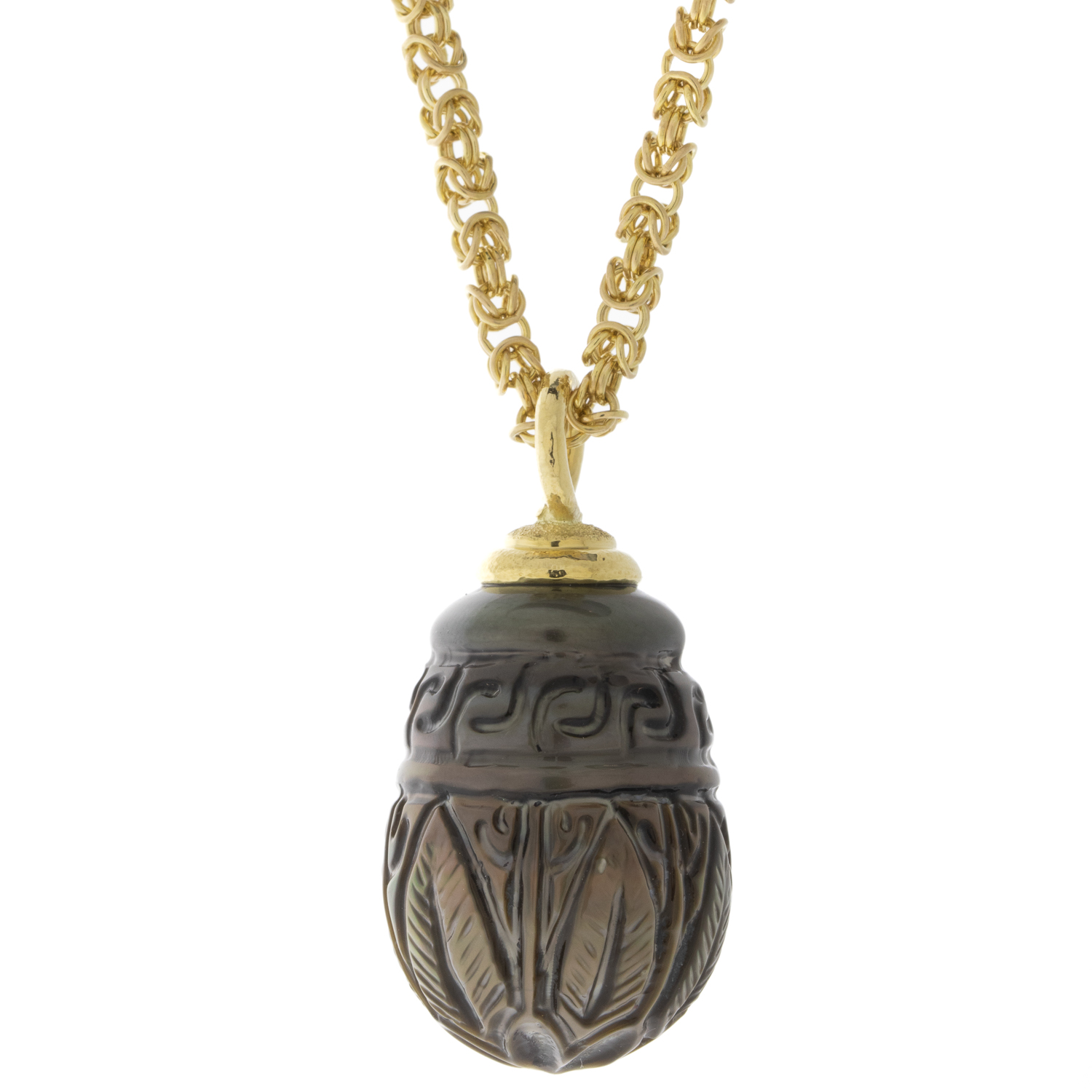 Alison Shiboski: Carved Tahitian Black pearl,18k Byzantine chain