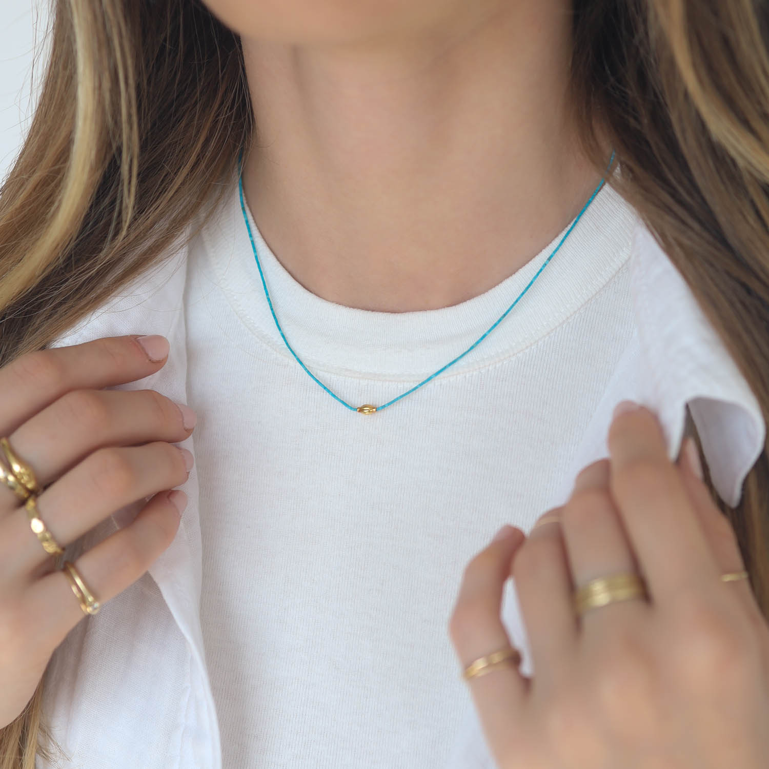 Margaret Solow:Beaded Necklace,18k Heishi Turquoise, 16", 1/8" x 3/16"