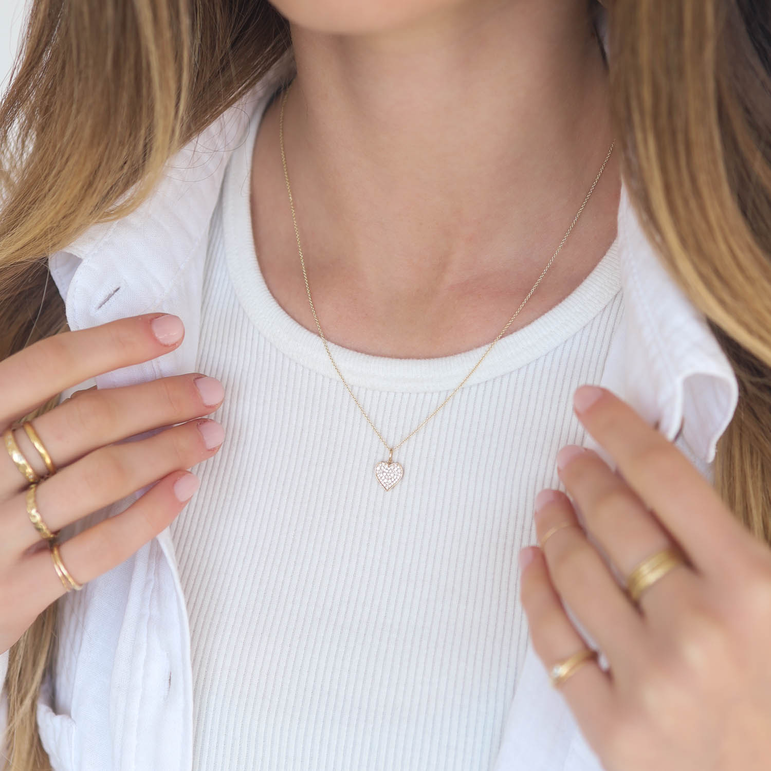 Sydney Evan: Necklace, Mini Pave Heart Charm on 18" Light Tiffany Chain