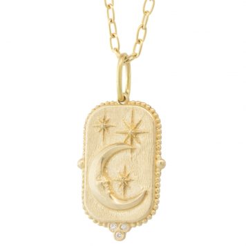 Erica Molinari : 14K medium rectangle 'man in moon & stars ' Blessed' 0.03cts, 1 3/16" x 5/8" including bail