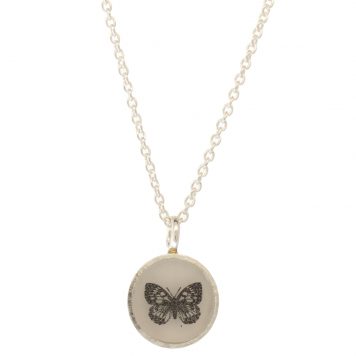 Anzu: Basic Necklace- Sterling Silver Mini Round Setting: Butterfly, pendant measures 7/16" x 5/16", chain measures 15 3/4" - 17" in length