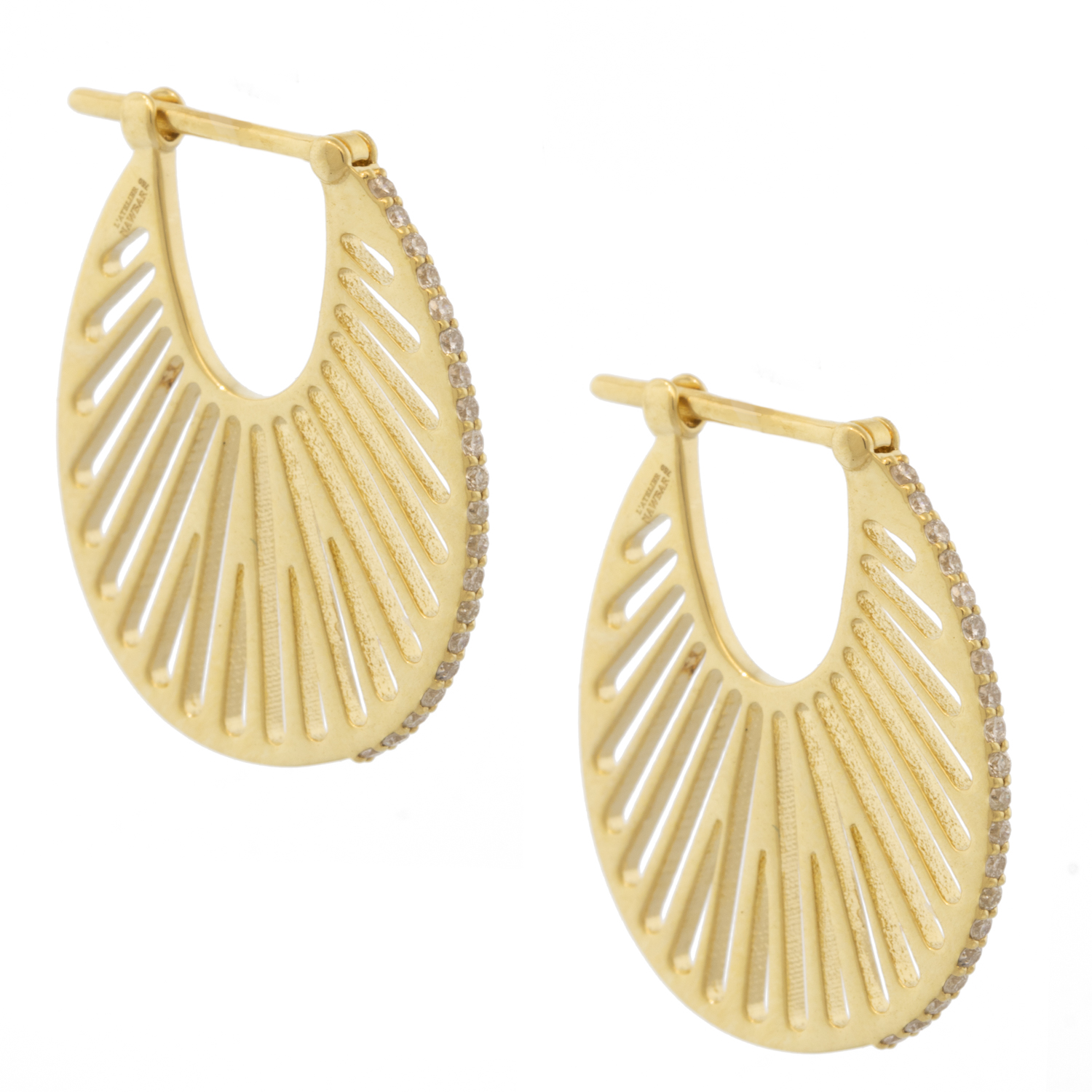 L'atelier Nawbar: Flat Ray Hoops-Size 3, Handmade from 18 ct gold hoops encrusted with 0.12 ct of white diamonds. Weight: 4.2 gr