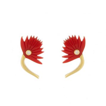 L'atelier Nawbar: Flower Studs- size 1, 18 ct gold earrings encrusted with 0.01 ct diamonds and inlaid with red coral stones.