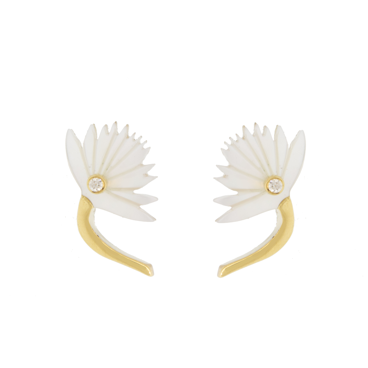 L'atelier Nawbar: Flower Studs- size 1, 18 ct gold earrings encrusted with 0.01 ct diamonds and inlaid with white enamel