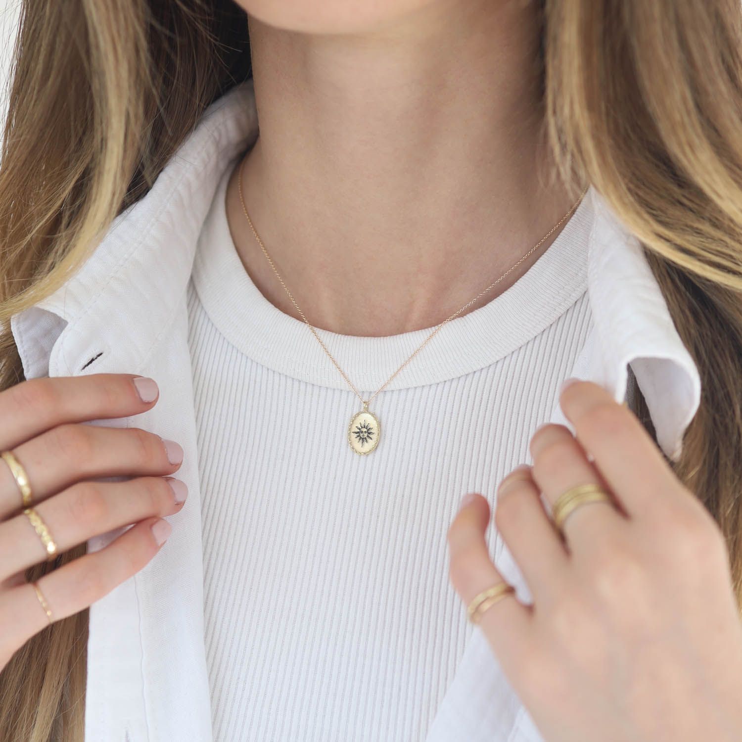 Anzu: Victoria Necklace- Gold Vermeil, motif : Sun, pendant measures 3/4" x 7/16", chain measures 15 1/2" - 16 3/4" in length
