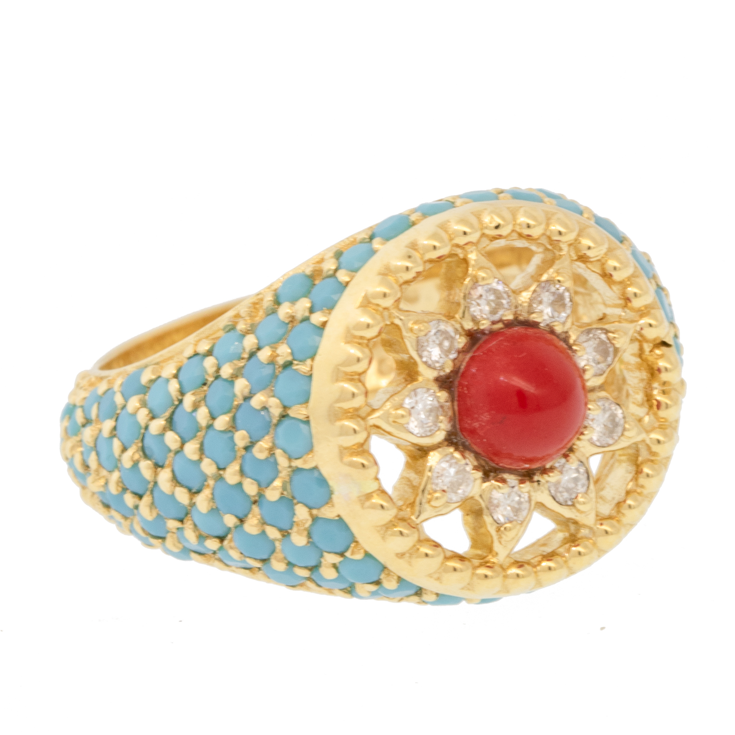 L'atelier Nawbar: Arabesque Pinky Ring, Handmade 18 ct gold, encrusted with 6.05 ct of turquoise stones and 0.15 ct of white diamonds and inlaid with red coral stone. Weight: 6 gr