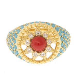 L'atelier Nawbar: Arabesque Pinky Ring, Handmade 18 ct gold, encrusted with 6.05 ct of turquoise stones and 0.15 ct of white diamonds and inlaid with red coral stone. Weight: 6 gr