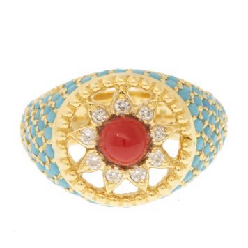 L'atelier Nawbar: Arabesque Pinky Ring, Handmade 18 ct gold, encrusted with 6.05 ct of turquoise stones and 0.15 ct of white diamonds and inlaid with red coral stone. Weight: 6 gr