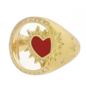 L'atelier Nawbar: Heart on Biladi Ring, Handmade 18 ct gold, encrusted with 0.18 ct  white diamonds and inlaid with Cristal de Roche, & red coral stones 4