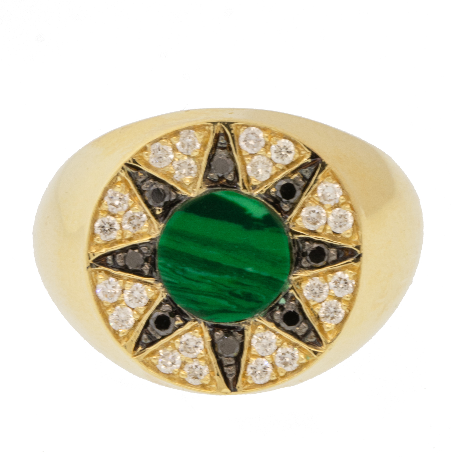 L'atelier Nawbar: Ibiza Golden Pinky Ring, Handmade 18 ct gold, encrusted with 0.17 white diamonds, & 0.06 black diamond & inlaid with Malachite stone. Weight: 6 gr,