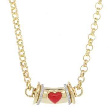 L'atelier Nawbar: Warrior Venus Necklace- small, Handmade 18K gold necklace inlaid with red coral stones encrusted in 0.06 ct of round white diamonds