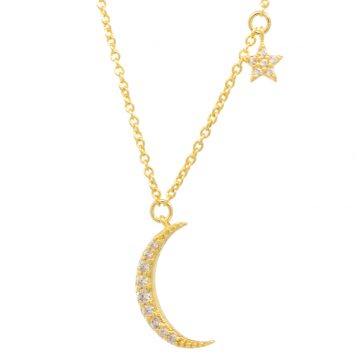 Tai:   Simple gold necklace with cubic vertical, crescent moon; small cubic star placed to the side of chain