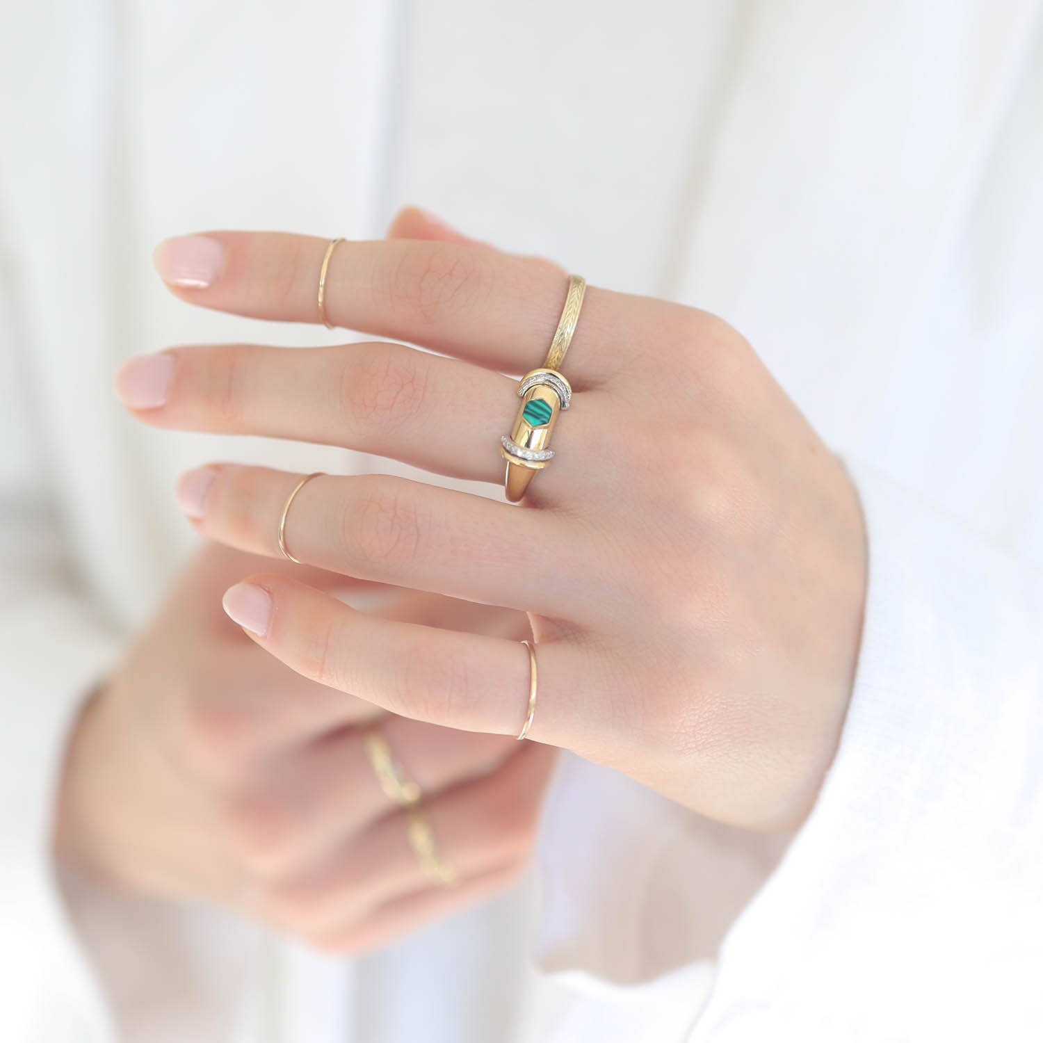 L'atelier Nawbar: Warrior Hex Ring, Handmade 18K gold, inlaid with Malachite and encrusted in 0.16 ct of round white diamonds. Weight: 4.41 gr, size 6 US