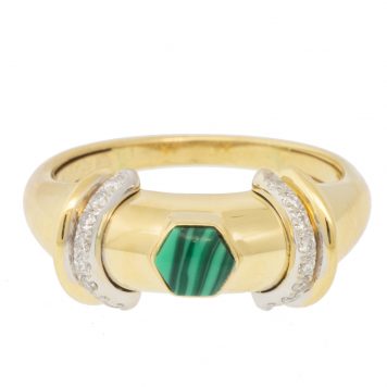 L'atelier Nawbar: Warrior Hex Ring, Handmade 18K gold, inlaid with Malachite and encrusted in 0.16 ct of round white diamonds. Weight: 4.41 gr, size 6 US