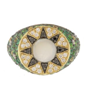 L'atelier Nawbar: Ibiza Emerald Element Pinky Ring, Handmade 18 ct gold, encrusted with 0.4 ct  of black diamonds 1.03 ct emerald and 0.11 ct white diamonds,  inlaid with handcarved abalone shell stone. Weight: 5.93 gr, size 3.5 US