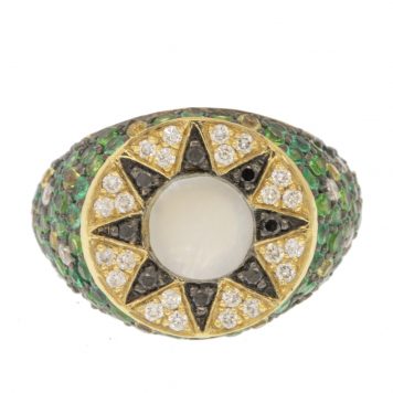 L'atelier Nawbar: Ibiza Emerald Element Pinky Ring, Handmade 18 ct gold, encrusted with 0.4 ct of black diamonds 1.03 ct emerald and 0.11 ct white diamonds, inlaid with handcarved abalone shell stone. Weight: 5.93 gr, size 3.5 US
