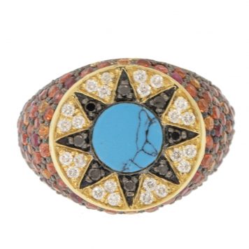 L'atelier Nawbar: Ibiza Element Ruby Pinky Ring, Handmade 18 ct gold, encrusted with 0.4 ct of black diamonds 1.03 ct ruby 0.89 sapphire and 0.11 ct white diamonds, inlaid with handcarved turquoise stone. Weight: 5.93 gr, size 3.5 US