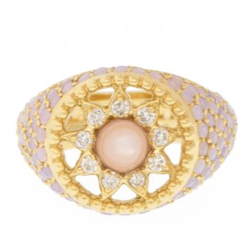 L'atelier Nawbar: Arabesque Pinky Ring, Handmade 18 ct gold, encrusted with 6.05 ct pink opal stones and 0.15 ct of white diamonds and inlaid with pink mop stone. Weight: 6 gr, size 3 US