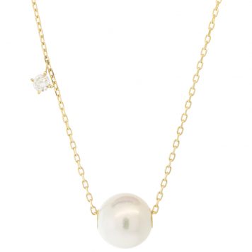 Mizuki: 14kt Necklace 16" 1 Diamond Drop and White Freshwater Pearl 0.05ct