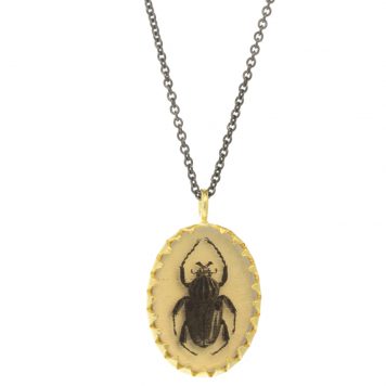 Anzu: Victoria Necklace- Gold Vermeil Pendant & Oxidized Sterling Silver Chain, motif: Goliathus, pendant measures 3/4" x 7/16", chain measures 15 3/4" x 17"