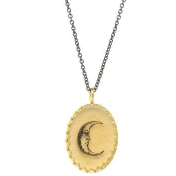 Anzu: Victoria Necklace- Gold Vermeil Pendant & Oxidized Sterling Silver Chain, motif: Moon, pendant measures 3/4" x 7/16", chain measures 15 3/4" x 17"