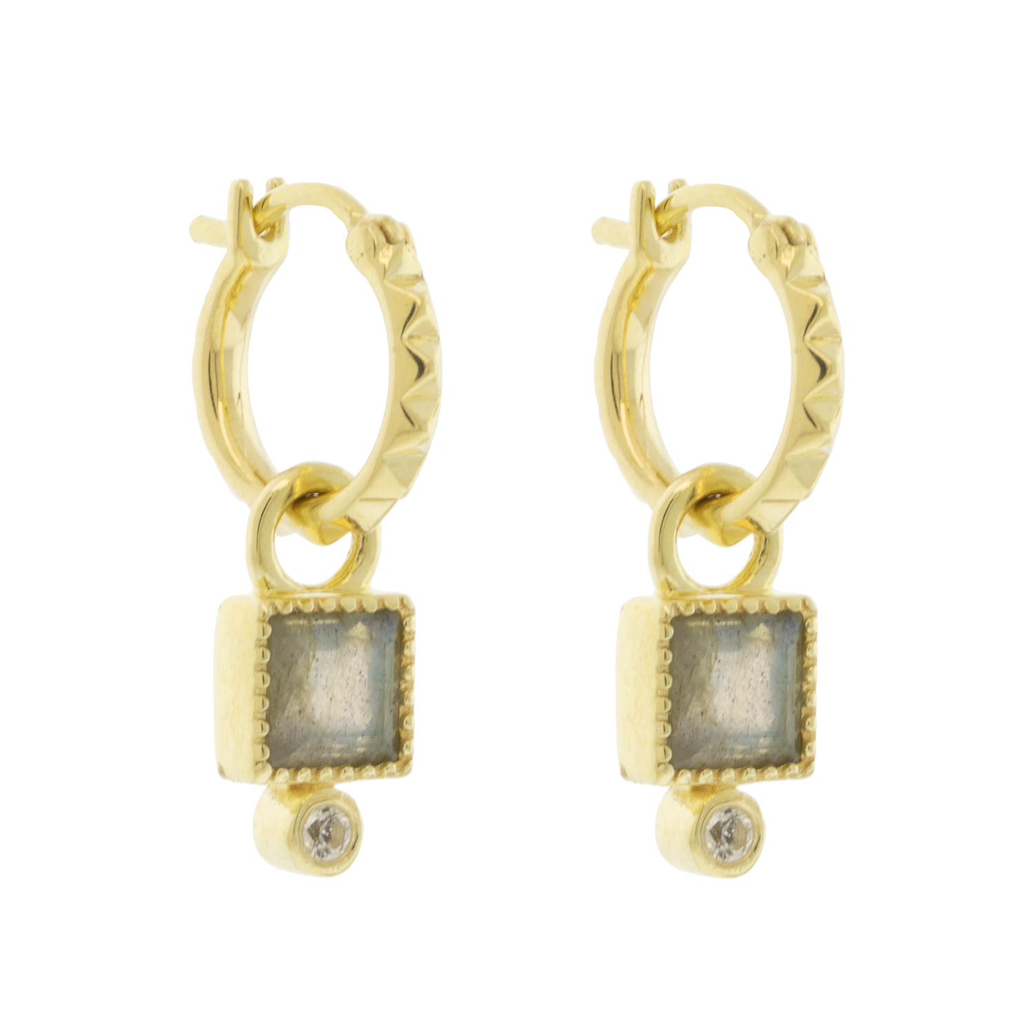 LuLu: Labradorite Pyramid Hoops Lyra Huggies Earrings, enhancers measure 1/2"
