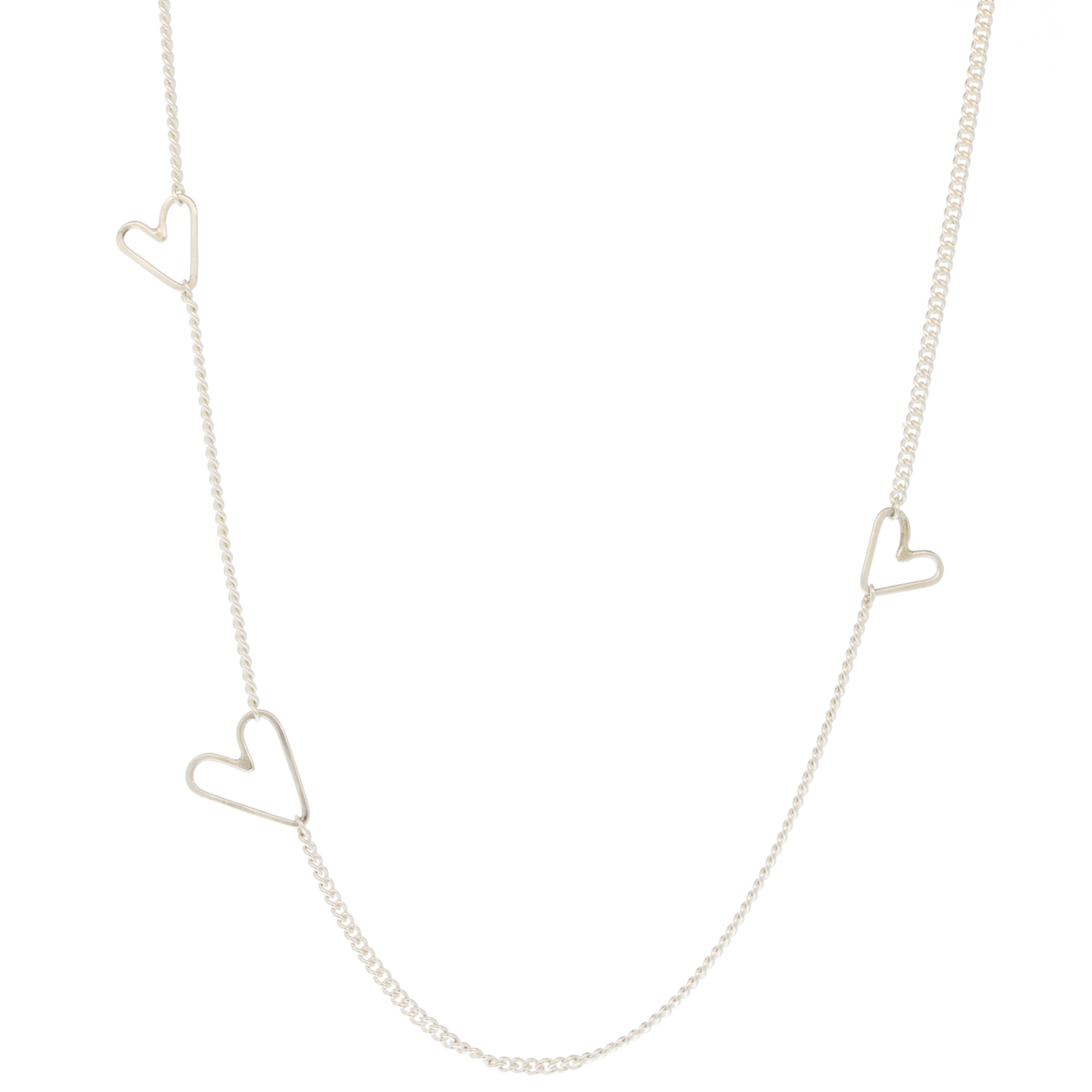 Jane Hollinger: Necklace, Honey, SS with 3 mixed size Hearts on Center, 16"