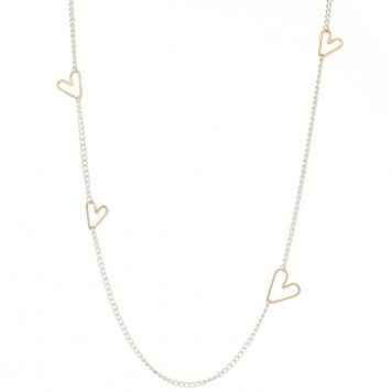 Jane Hollinger: Necklace, Honey, Sterling silver, 5 Mixed Size Moving Hearts, 14k Gold, 16.5" Chain.