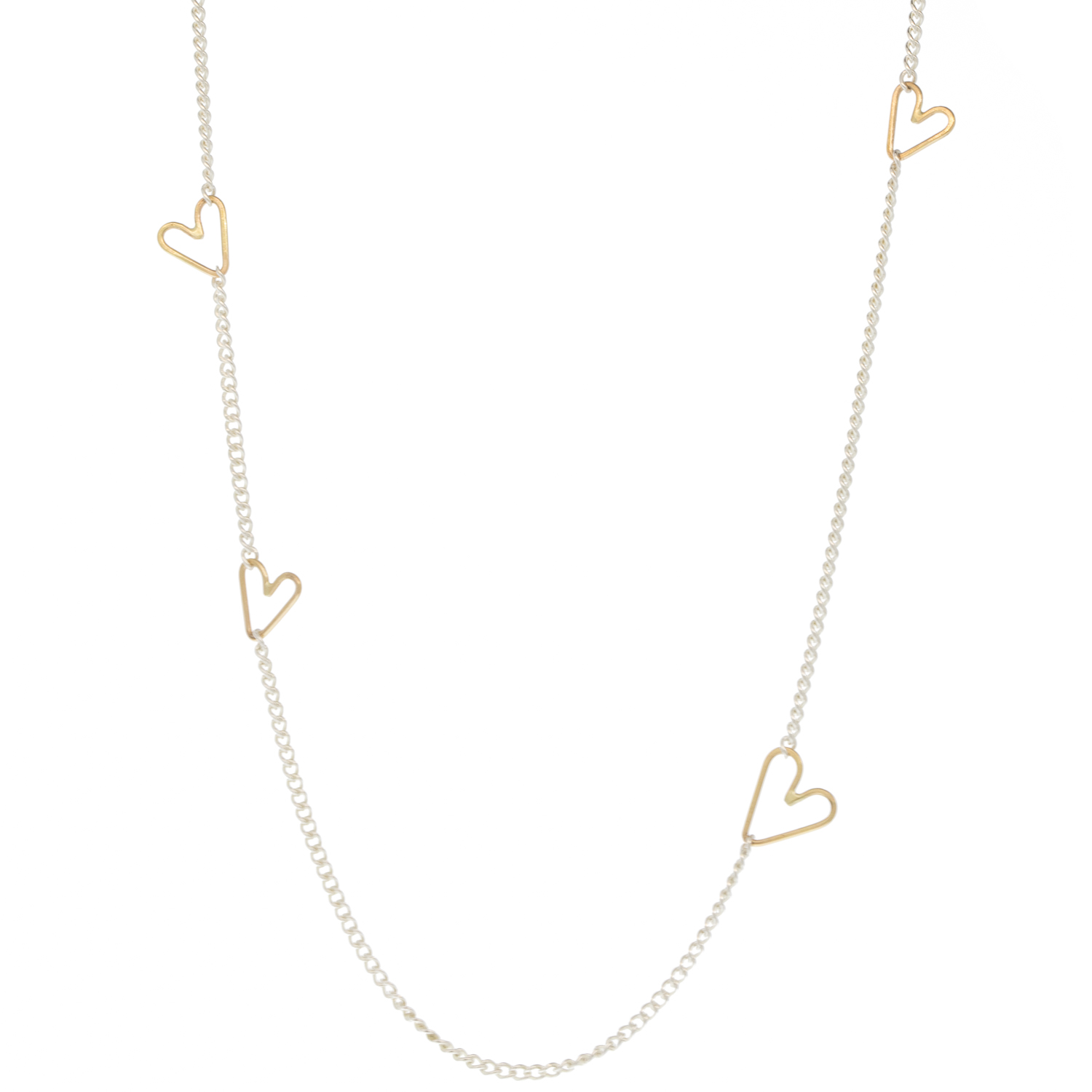 Jane Hollinger: Necklace, Honey, Sterling silver, 5 Mixed Size Moving Hearts, 14k Gold, 16.5" Chain.