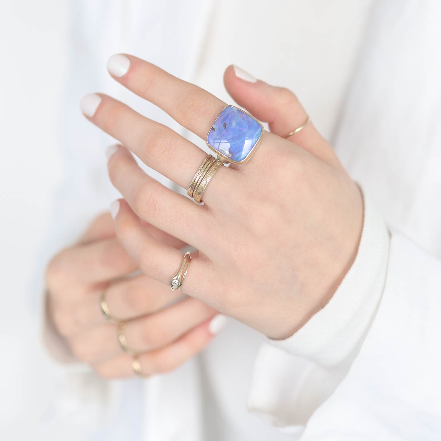 Jamie Joseph: Sterling & 14K Gold Ring w/ Square BOULDER OPAL on Groovy Band, 11/16 x 11/16, 7