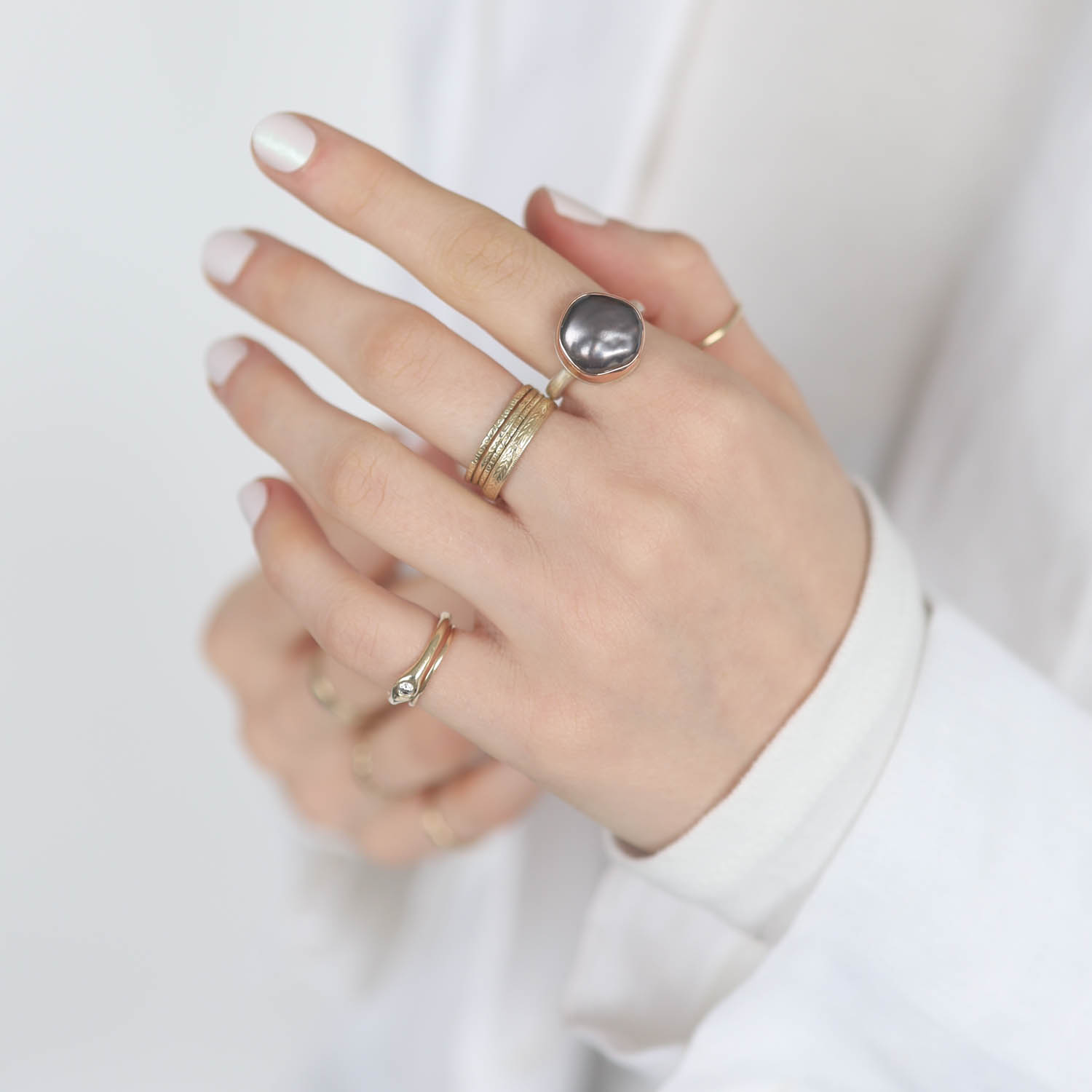 Jamie Joseph: Sterling & 14K Rose Gold Ring w/ Small Asymmetrical TAHITIAN PEARL on Middle Organic Band, 1/2 x 1/2, 6 1/2