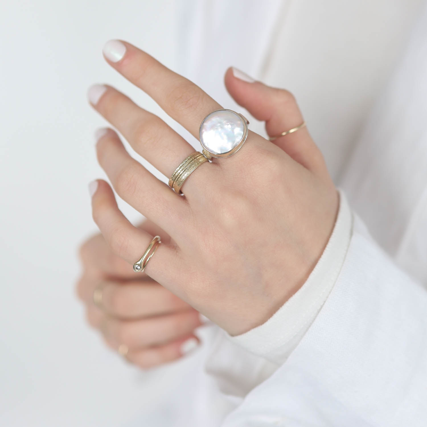 Jamie Joseph: Sterling & 14K Gold Ring w/Asymmetrical CULTURED PEARL on Live Edge, 5/8 x 11/16, 8