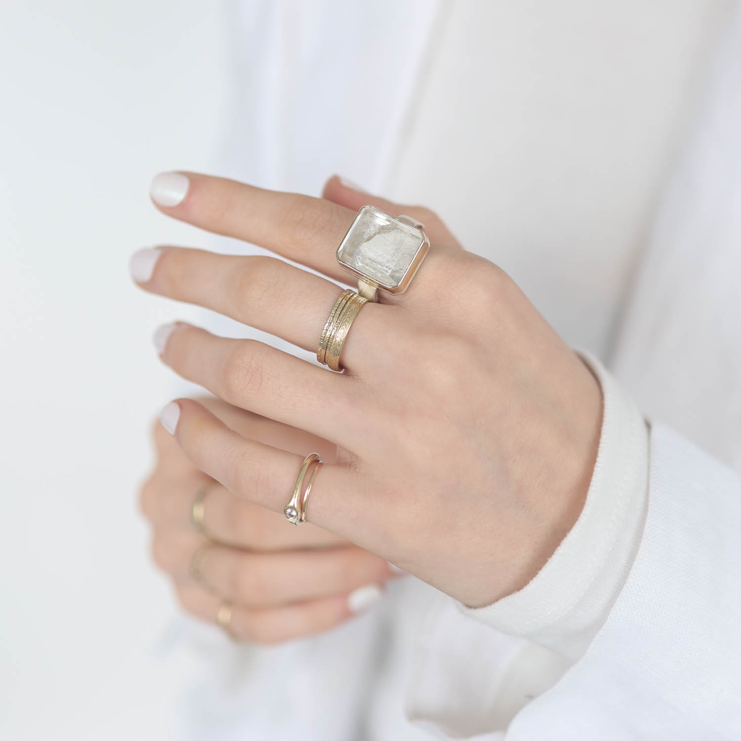 Jamie Joseph: Sterling & 14K Gold Ring w/ Vertical Rectangular Table Up POSITIVE QUARTZ on Live Edge Band, 11/16 x 9/16, 8 1/2