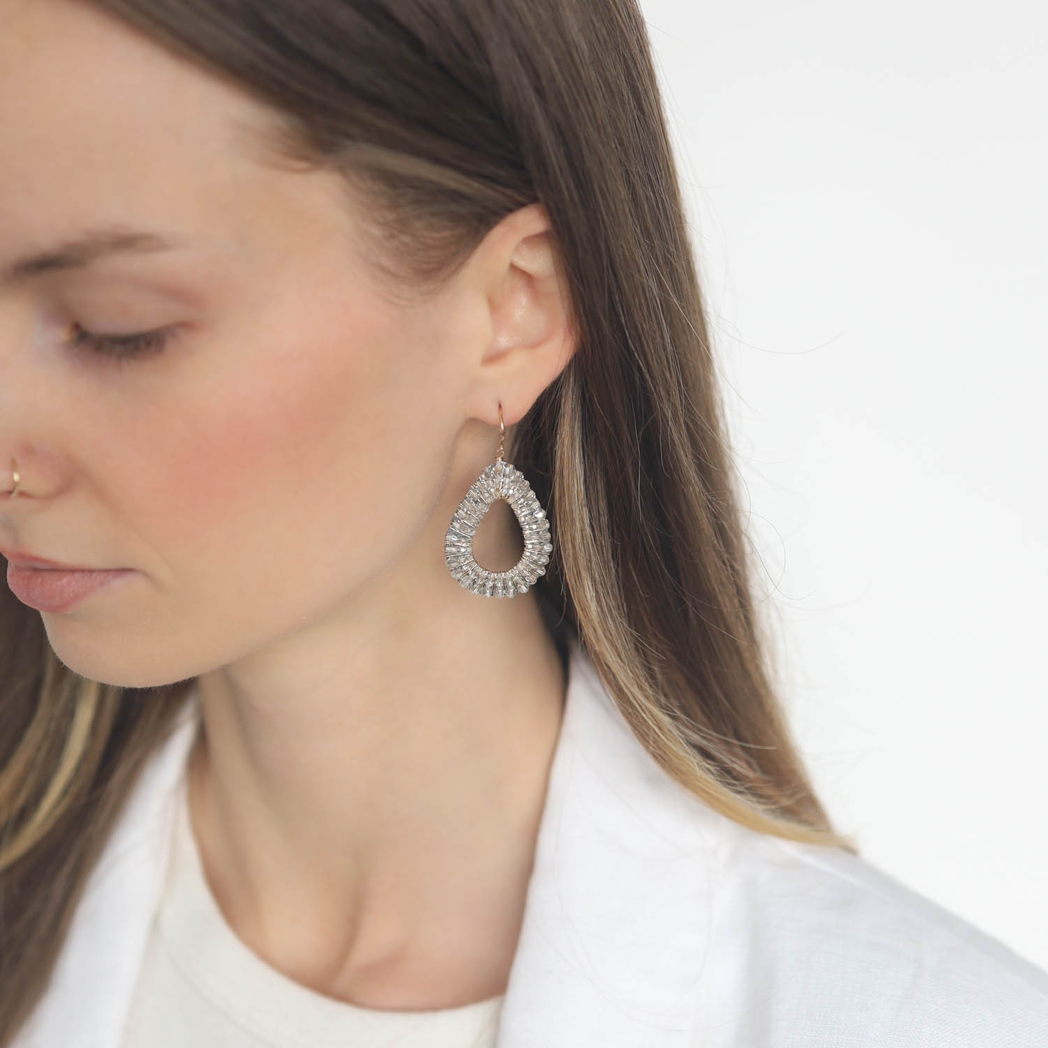Dana Kellin : Earrings,PARTY,Large open teardrop,Clear crystals,Gold fill, 1 13/16 x 1