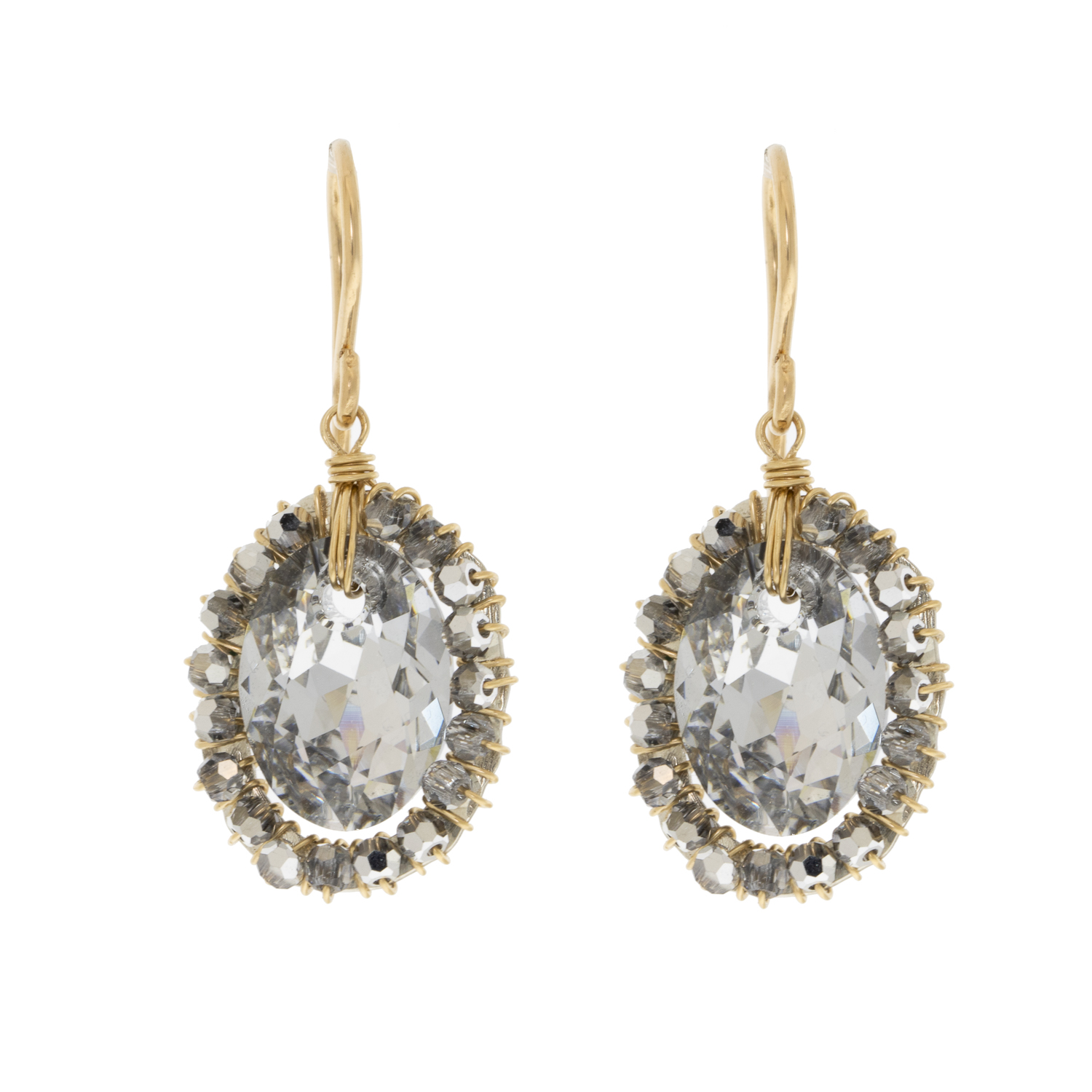 Dana Kellin: 14K Gold-Fill, Earrings Big Crystal Center, Plat Crys, 1 3/16 x 1/2