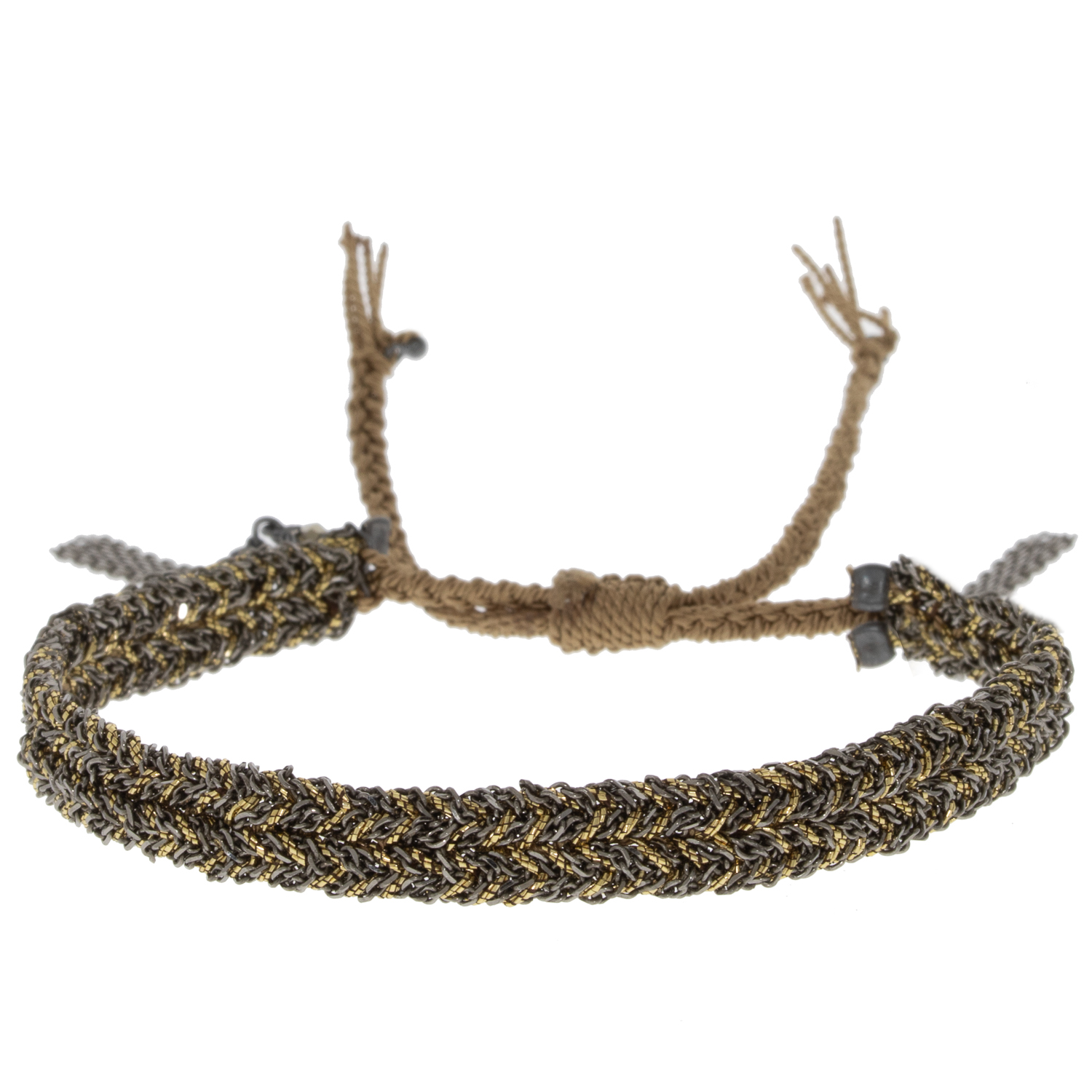 Marie Laure Chamorel: Bracelet, Silver 925, lurex yarn and crystal, Ruthenium , lurex gold