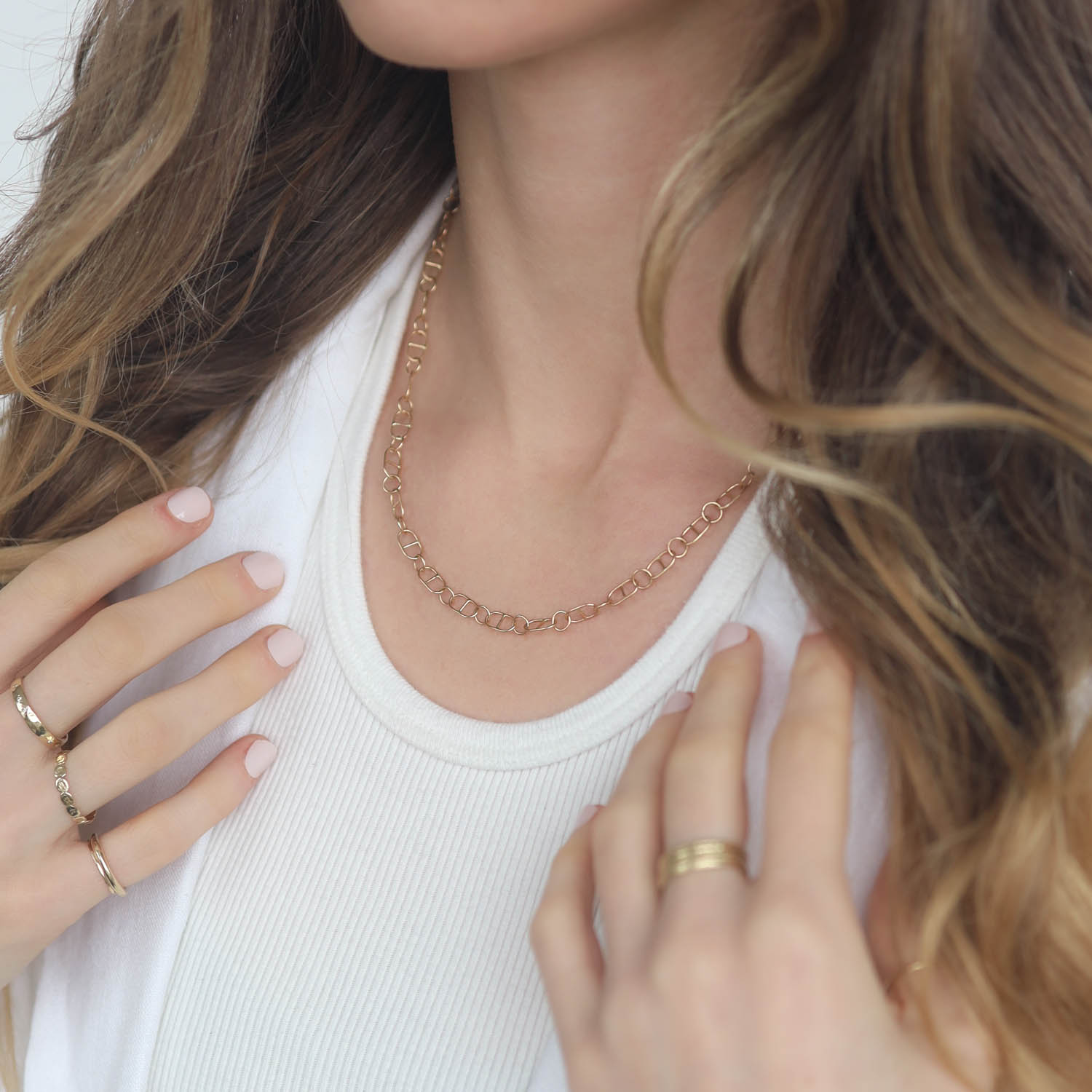 Melissa Joy Manning: 14K Yellow Gold Oval cross bar chain,18"
