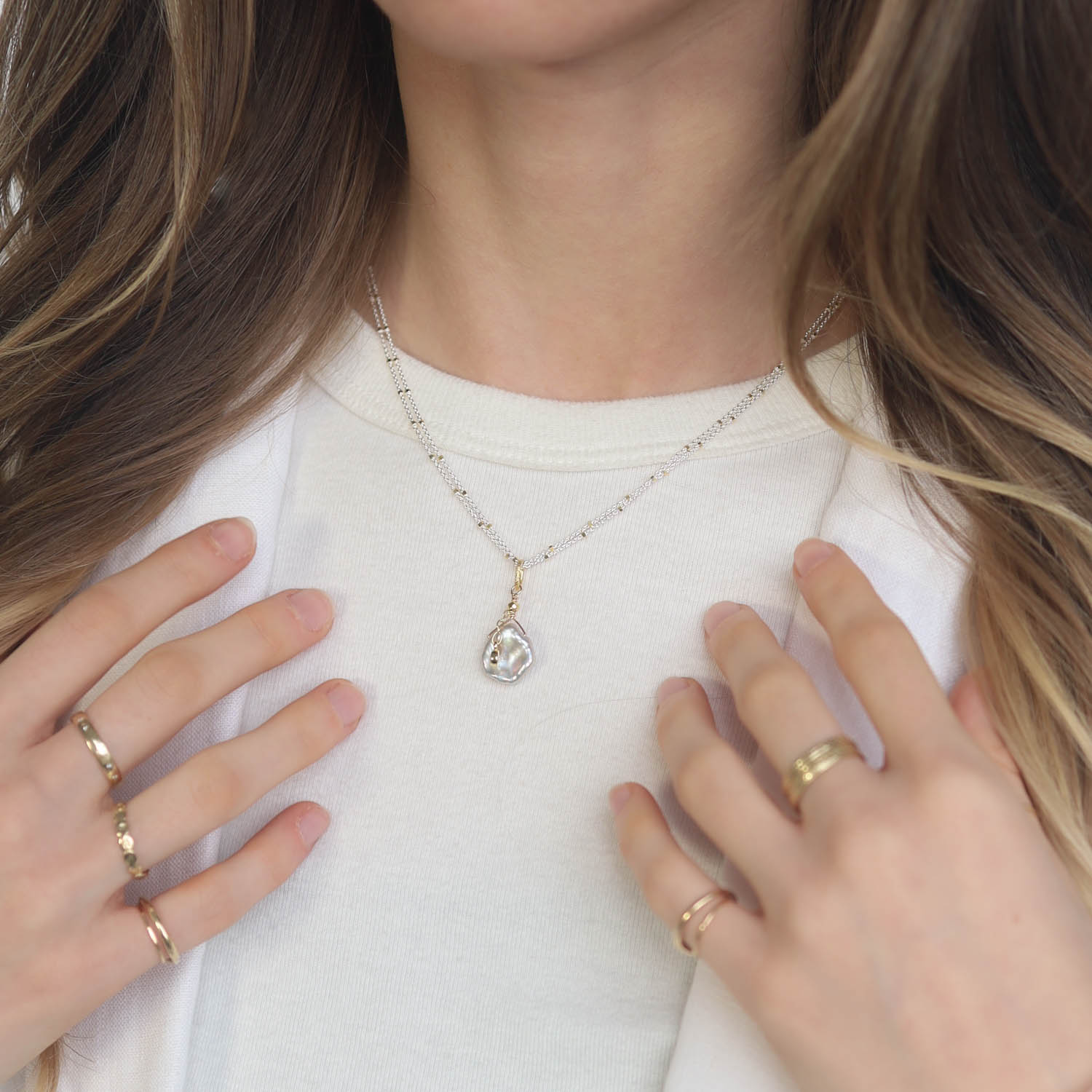 Robindira Unsworth: Fashion necklace, 14k gold vermeil, sterling silver, fresh water pearl, CZ