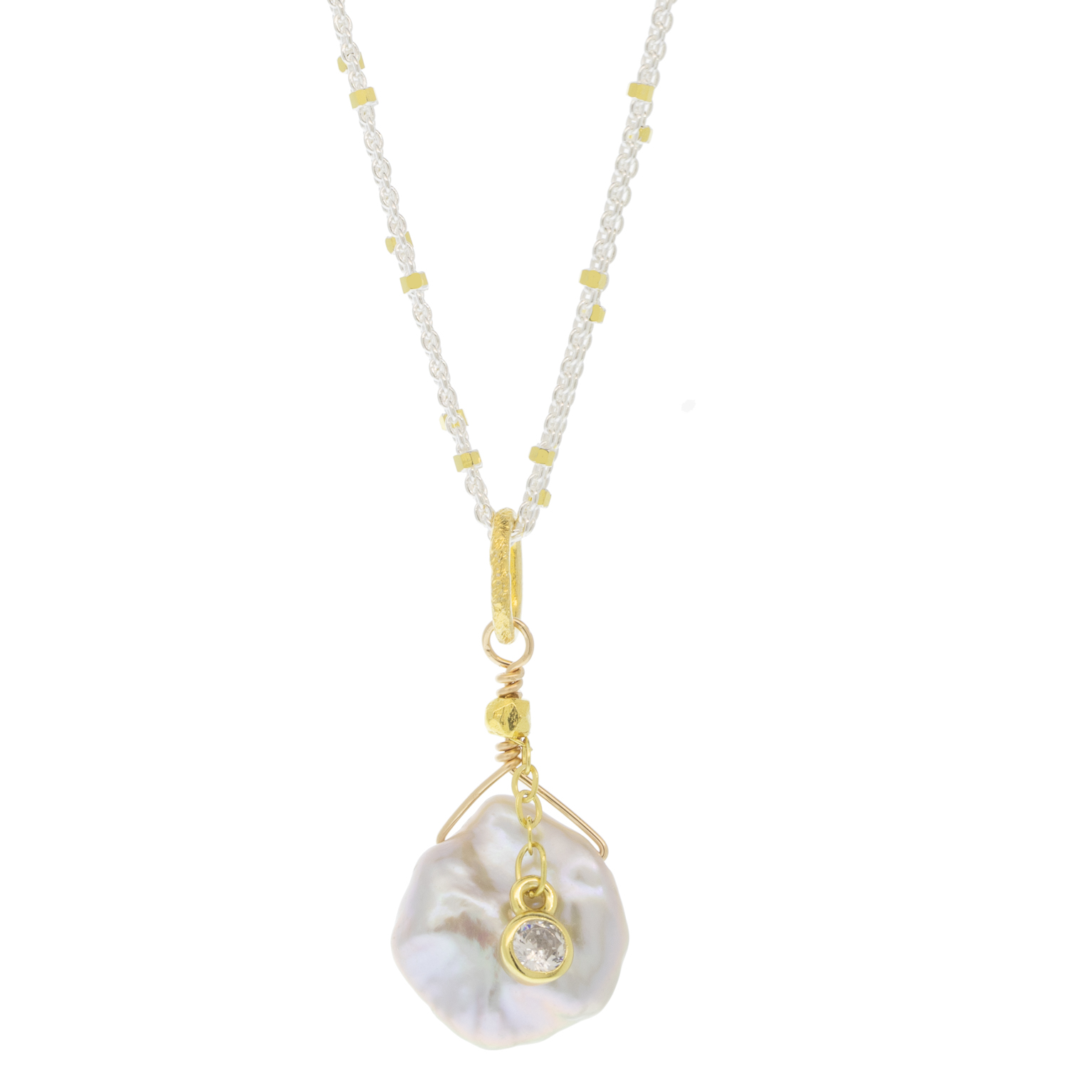 Robindira Unsworth: Fashion necklace, 14k gold vermeil, sterling silver, fresh water pearl, CZ