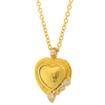Gurhan: Necklace, one of a kind, pendant, 24K gold featuring 9mm heart shaped amulet with hammered dome center mised shaped brilliant cut white diamonds. TCW .119, 22K gold slider bale with brilliant cute white diamond, CTW .018 16-18" 22K gold solid